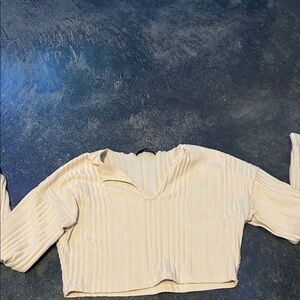 SHEIN Cream Ribbed V-Neck Blouse